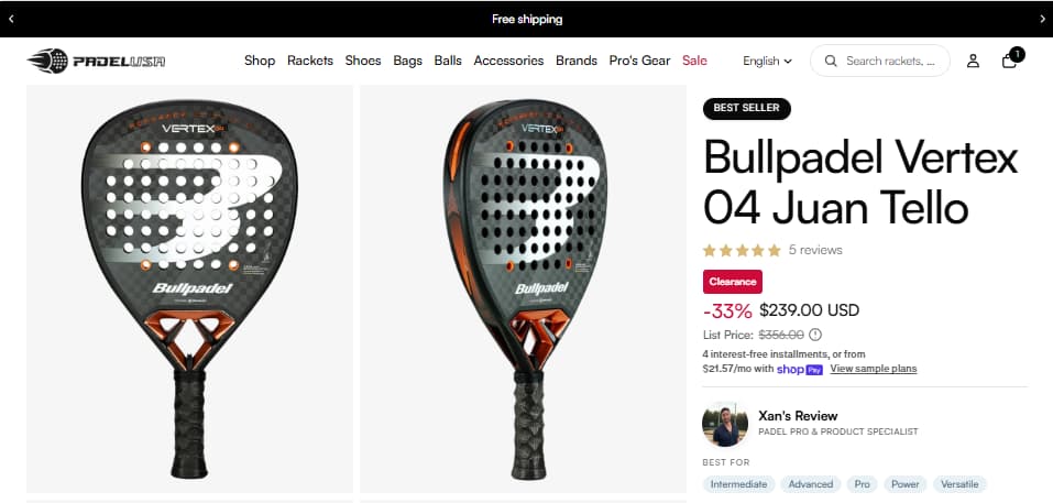 Padel USA Bullpadel Vertex 04 Juan Tello sale proof showing save up to 38 percent after TURE30