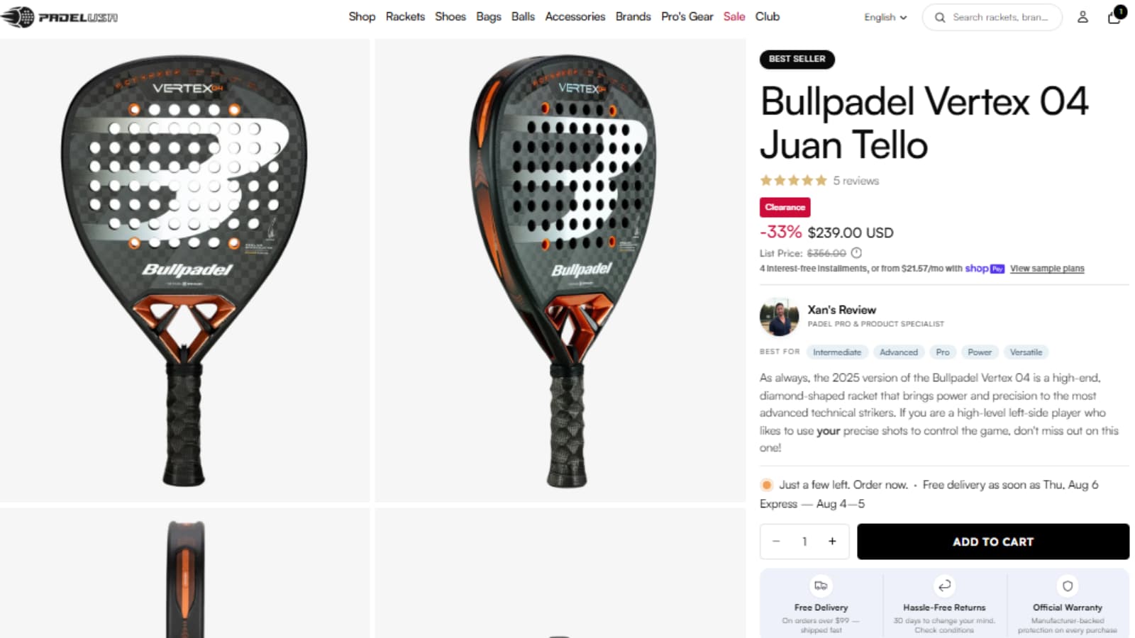 Bullpadel Vertex 04 Juan Tello product page showing the current Padel USA sale price