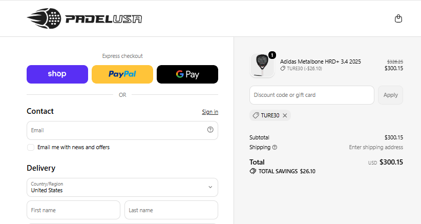 Padel USA TURE30 coupon code checkout proof for 8 percent off Adidas Metalbone HRD plus 3.4 2025