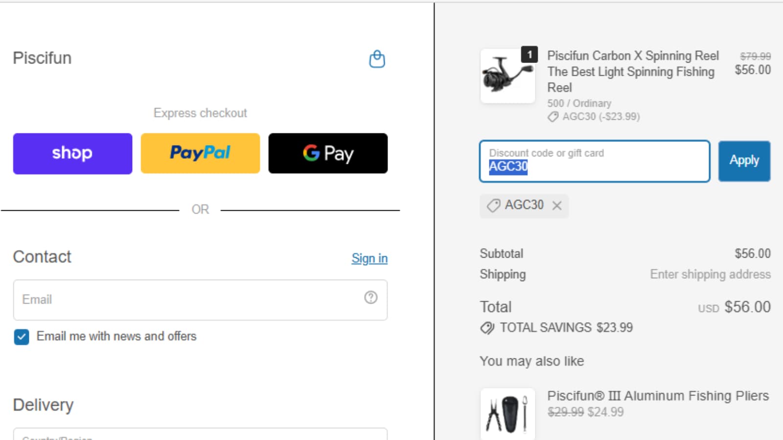 Piscifun checkout confirming AGC30 takes 30% off an eligible Carbon X Spinning Reel