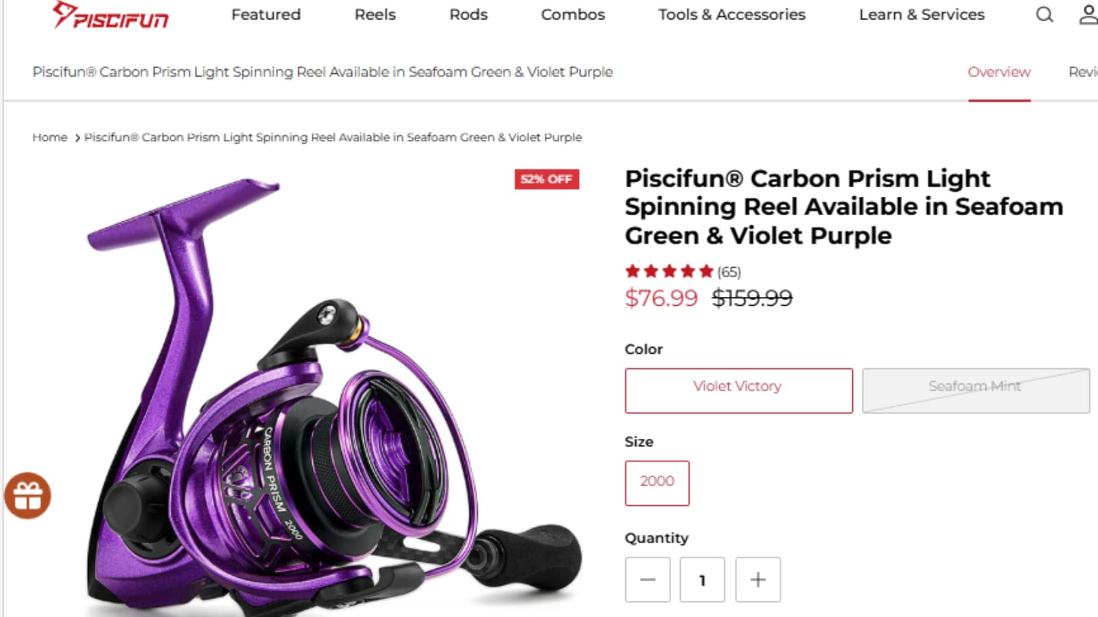 Piscifun Carbon Prism Light Spinning Reel product page showing the sale price