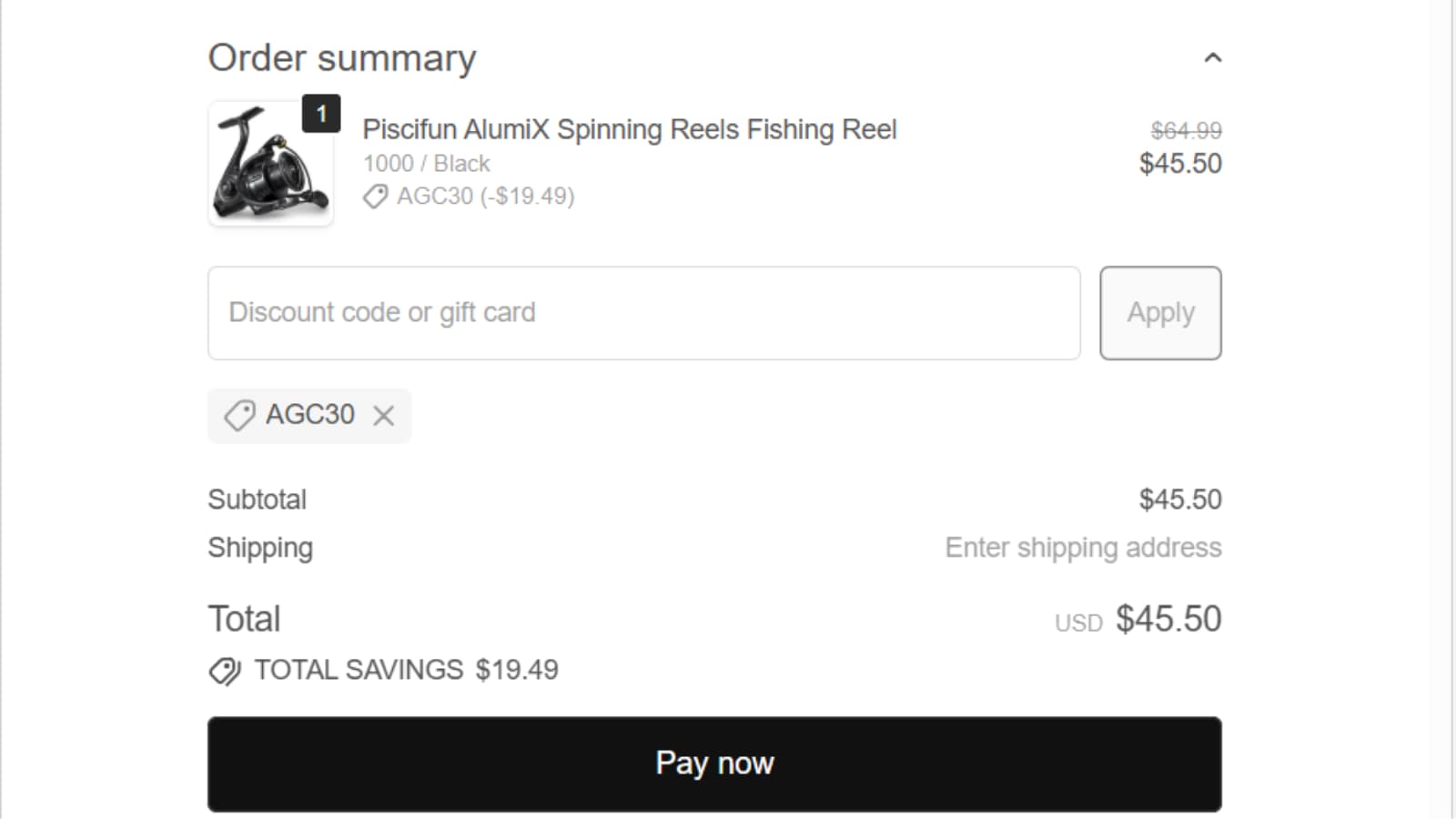 AGC30 Piscifun clearance checkout proof showing 30 percent off