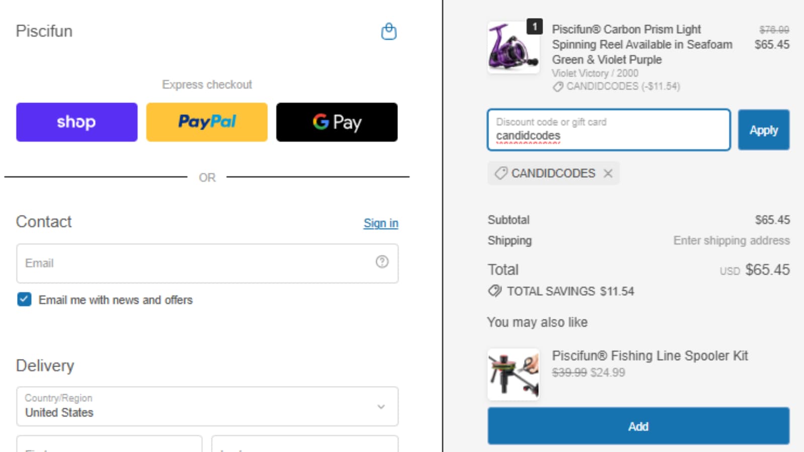 Piscifun checkout showing CANDIDCODES reducing the Carbon Prism Light sale price to $65.45