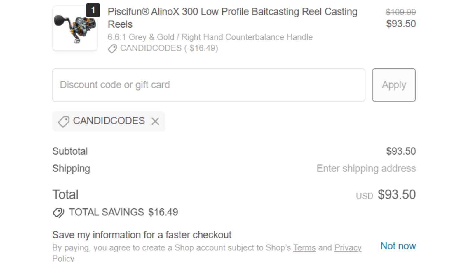 Piscifun AlinoX 300 checkout proof showing candidcodes saving 16.49 dollars