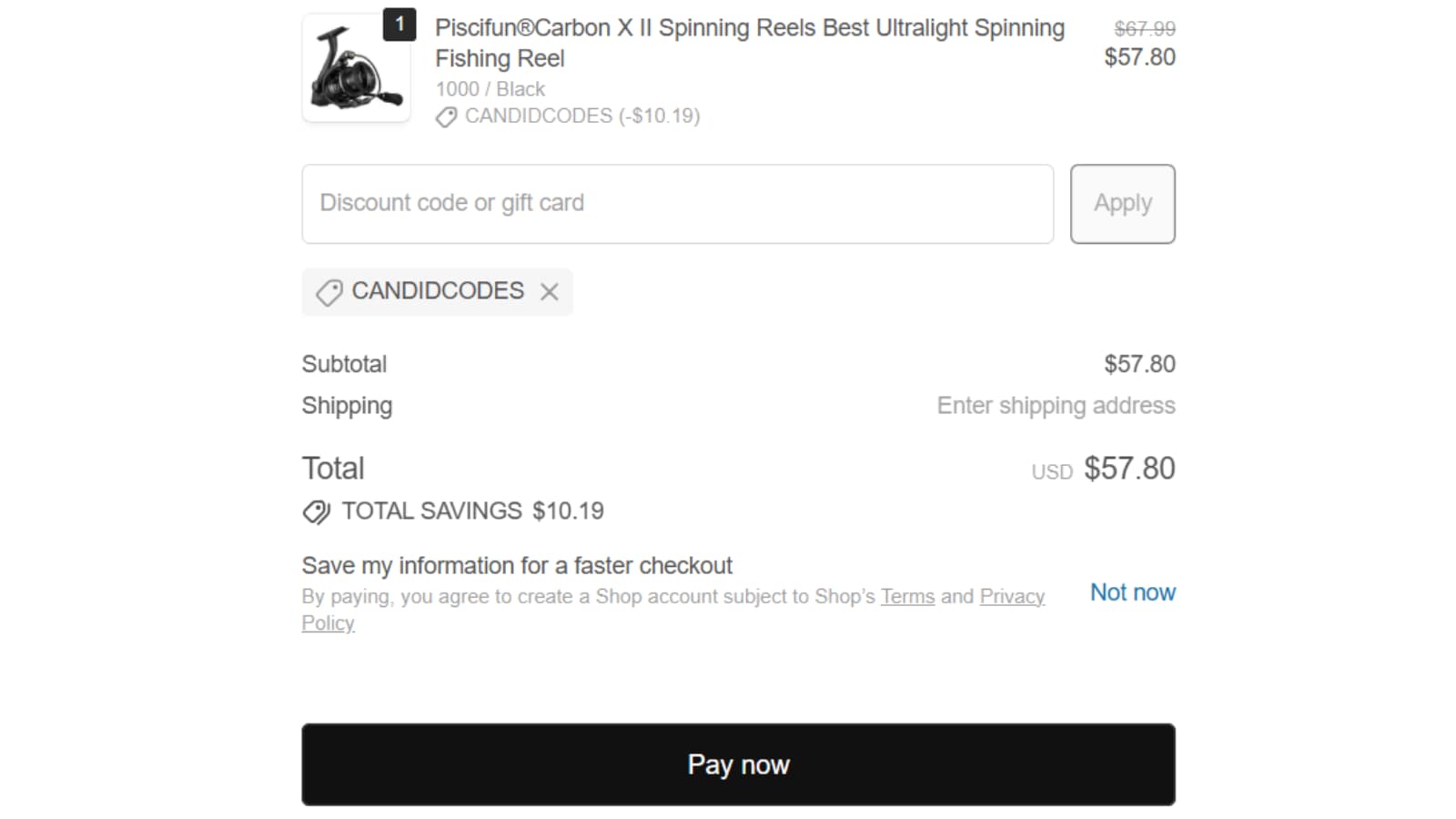 Piscifun Carbon X II checkout proof showing candidcodes saving 10.19 dollars