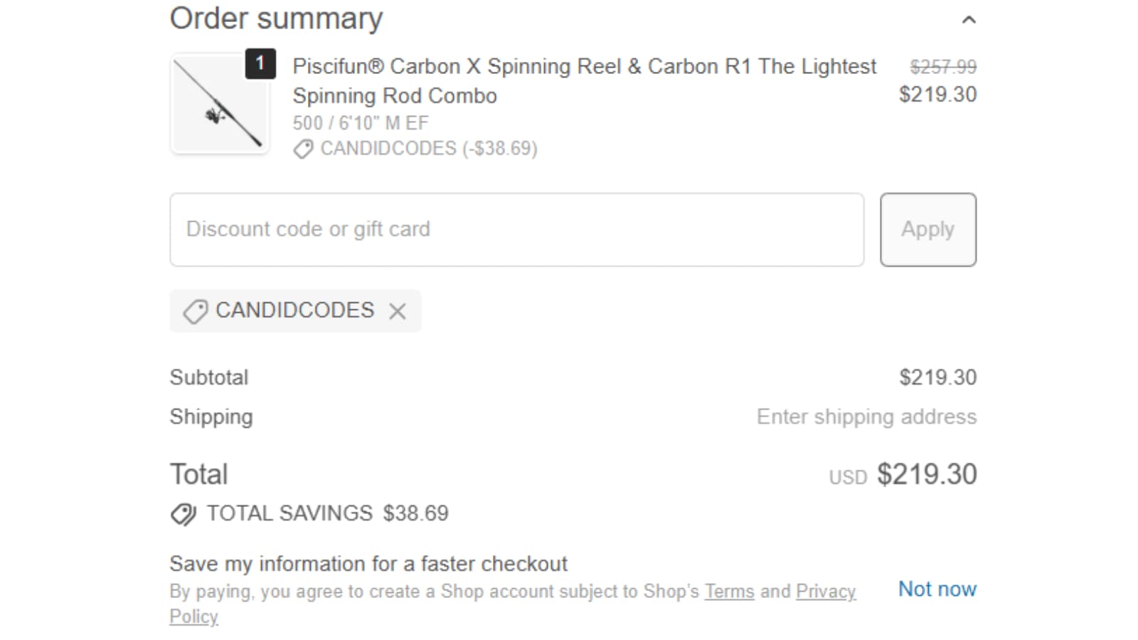 Piscifun Carbon X and Carbon R1 combo checkout proof showing candidcodes saving 38.69 dollars
