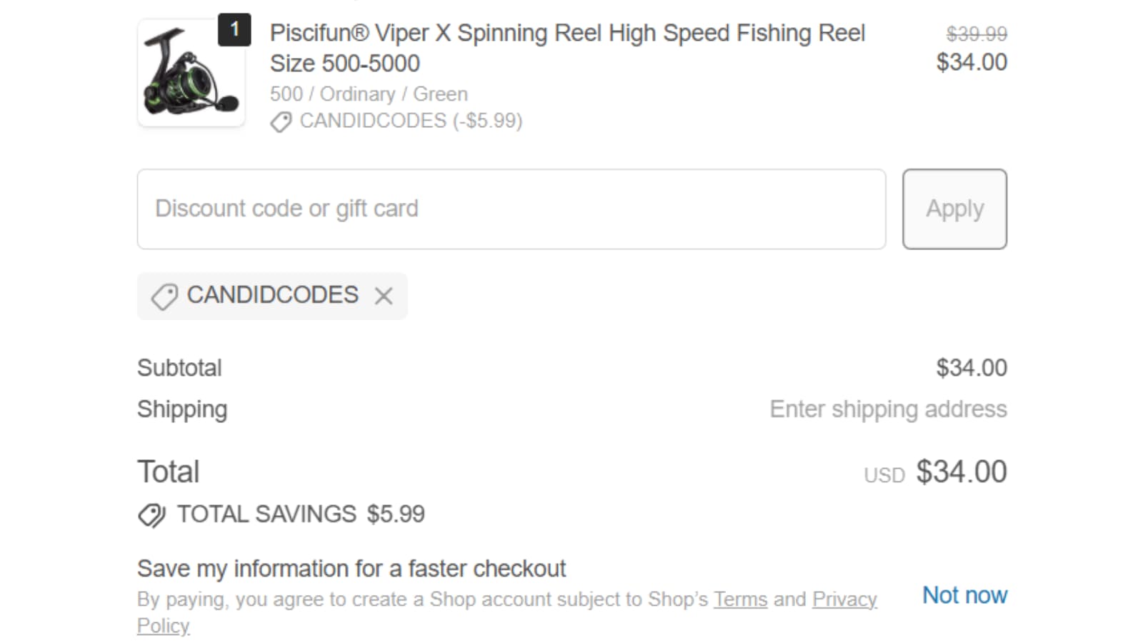 Piscifun Viper X checkout proof showing candidcodes saving 5.99 dollars