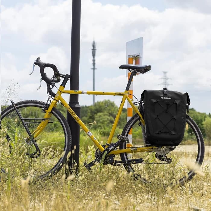 Bike Pannier Waterproof for Rear Rack mounted on a yellow bicycle