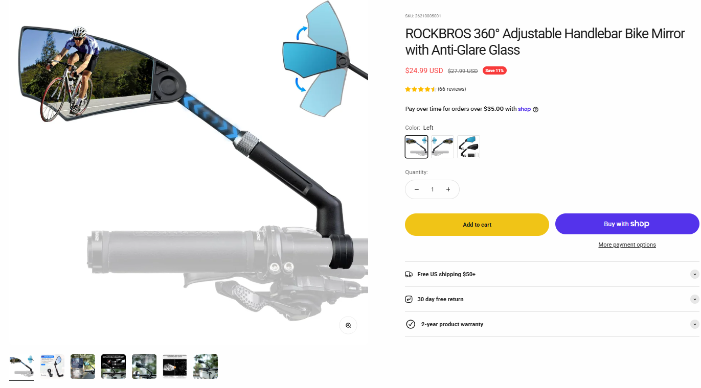 ROCKBROS 360° Adjustable Handlebar Bike Mirror with Anti-Glare Glass