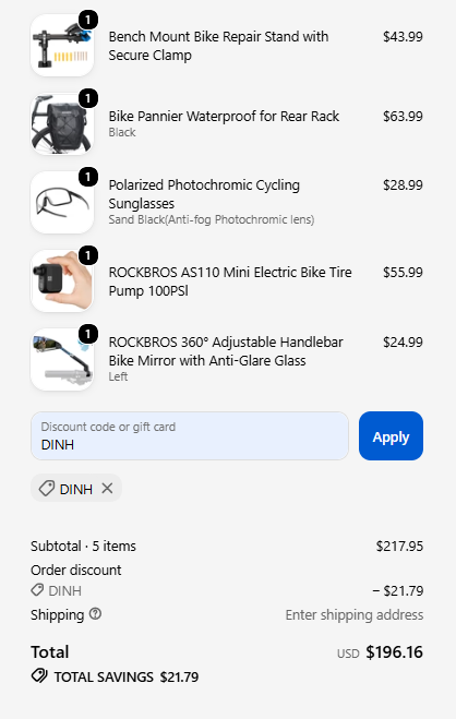 rockbros-us code DINH applied for 10% off five ROCKBROS sale products at checkout