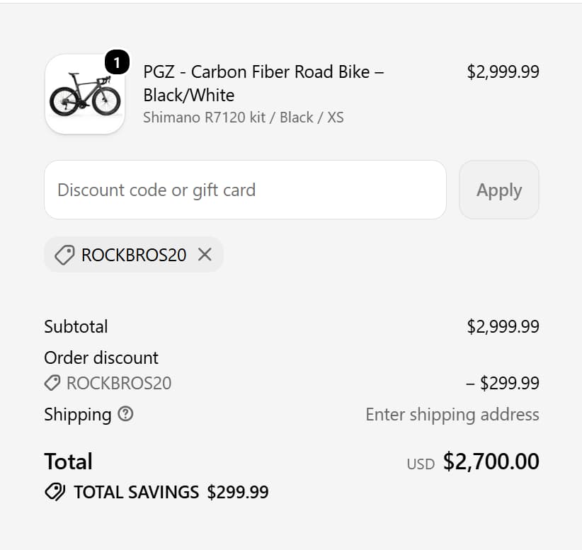 ROCKBROS20 coupon code proof showing PGZ Carbon Fiber Road Bike checkout discount