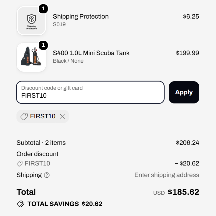 Smaco Dive code FIRST10 saves 10% on an eligible first-order subtotal over $200