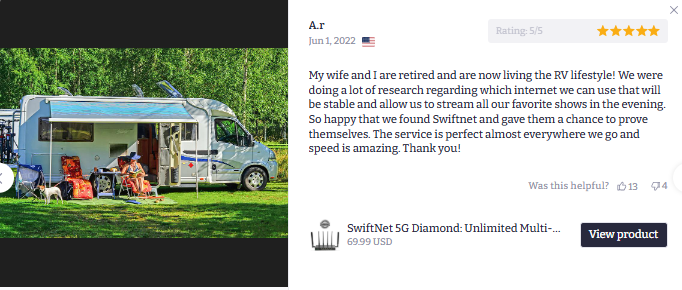 SwiftNet WiFi customer review RV lifestyle A.r screenshot