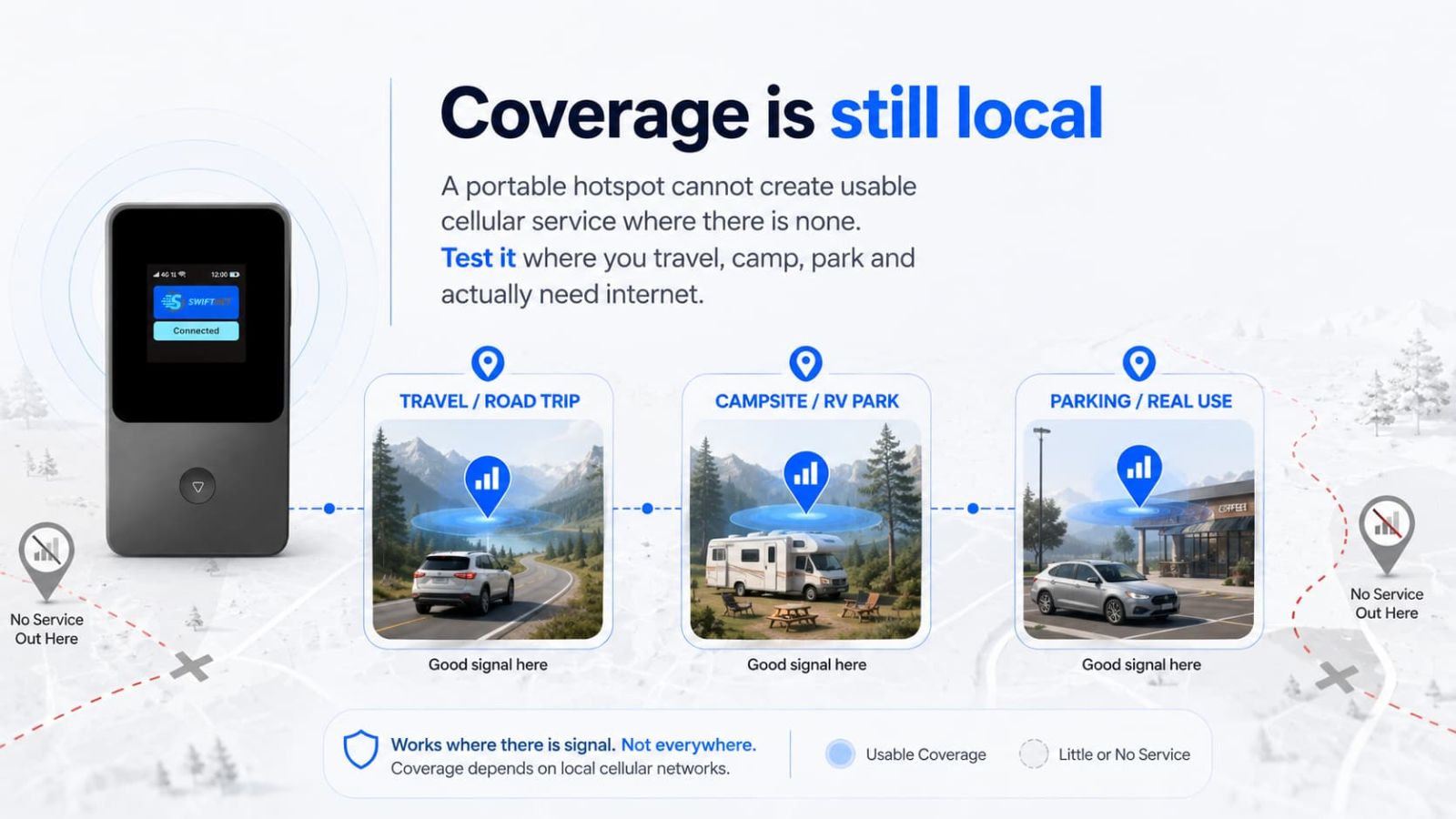 SwiftNet 4G Bronze coverage depends on local cellular signal where you travel camp and park
