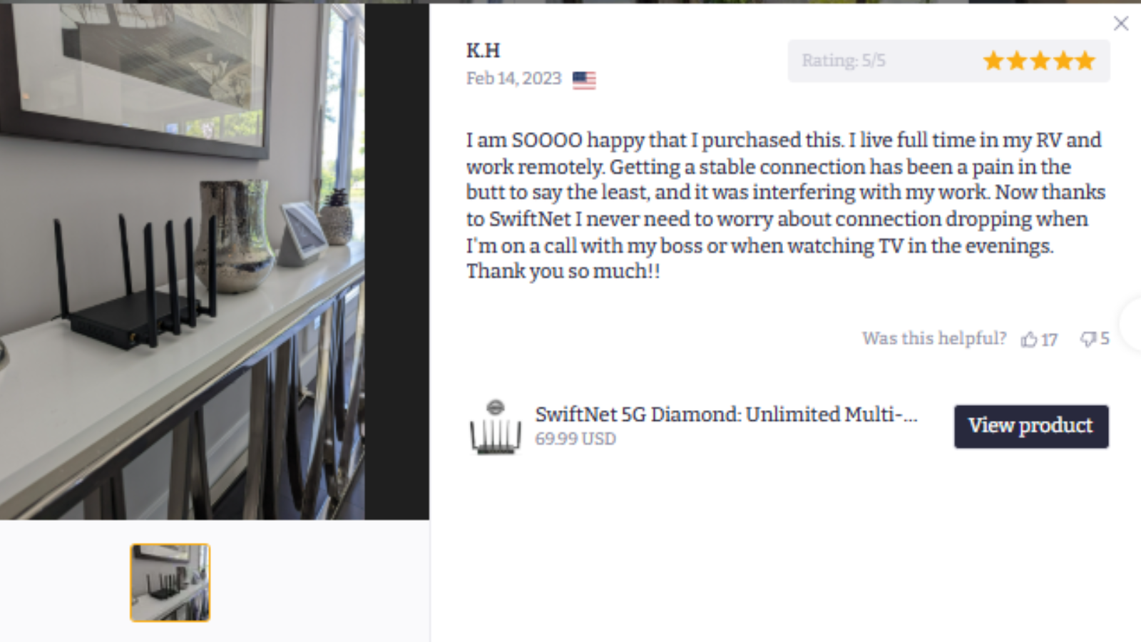 SwiftNet WiFi customer review remote work RV K.H screenshot