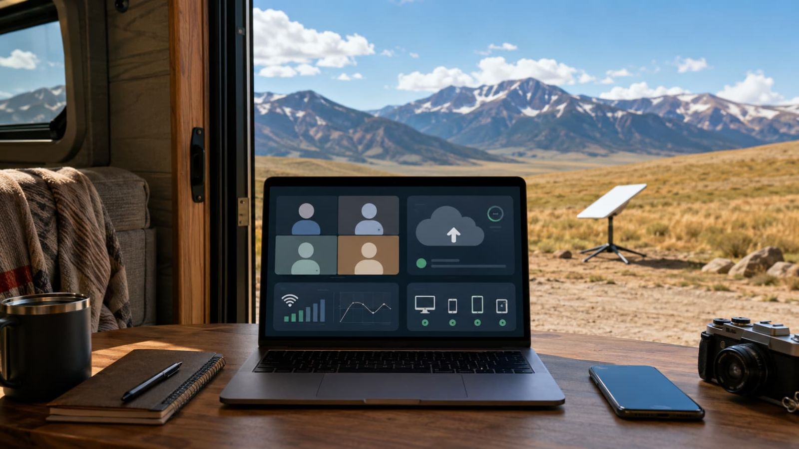 Starlink remote work setup with RV laptop and satellite dish in rural open sky location