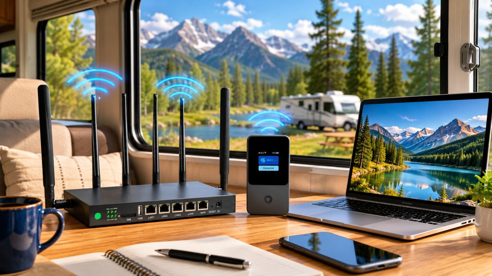 Optimal placement for SwiftNet 5G router on an elevated wooden surface next to an open RV window.