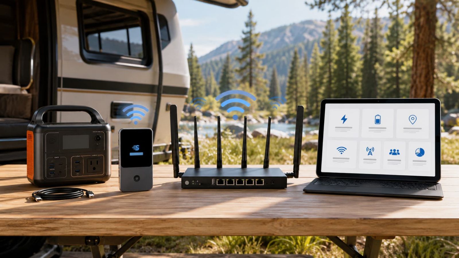 Camping hotspot hardware checklist for SwiftNet router, 4G hotspot, power setup, placement, data use, device load and signal support