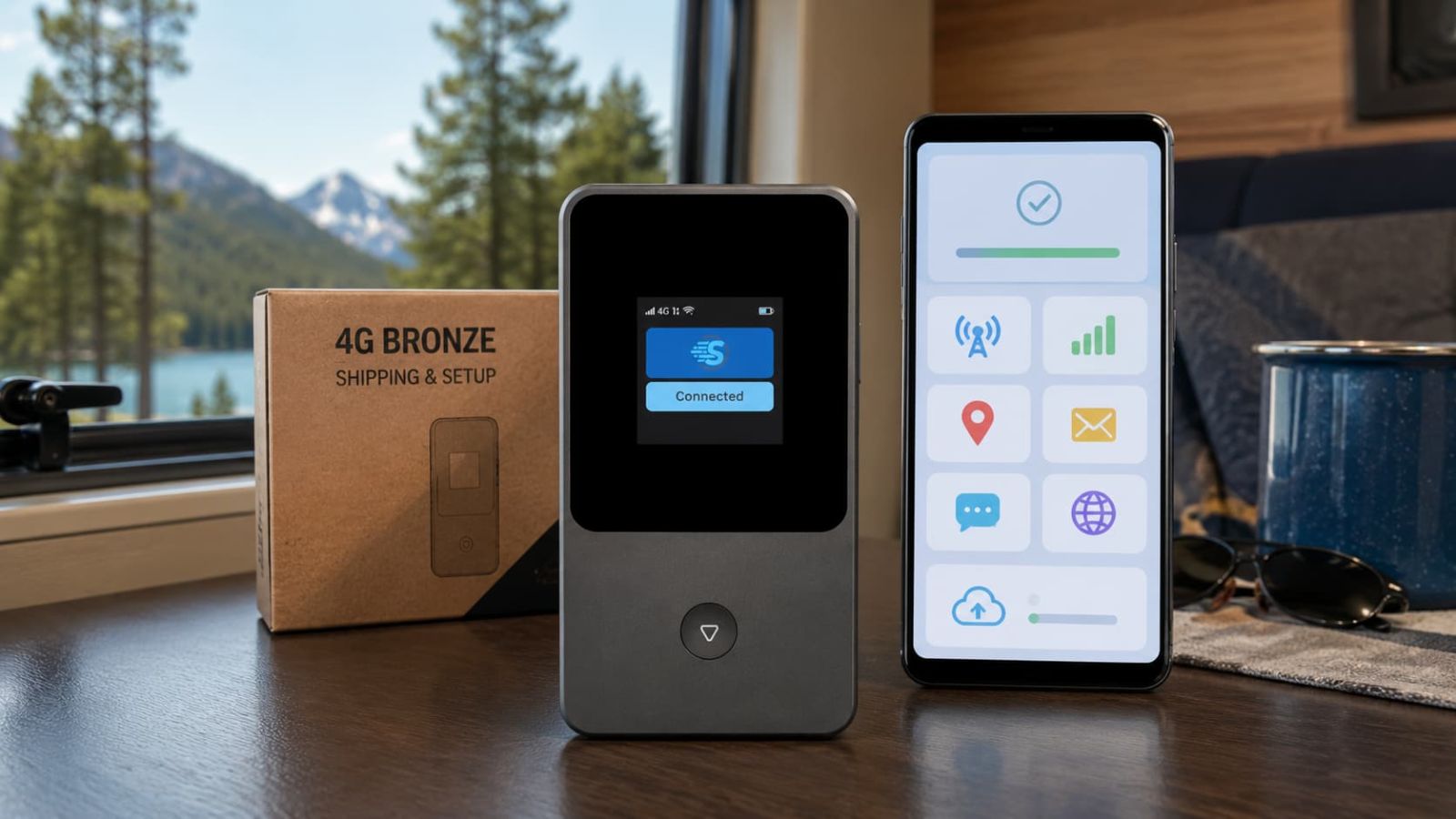 SwiftNet 4G Bronze shipping setup image showing front-facing hotspot, device delivery, portable activation, travel backup, map email message browsing icons and light internet checklist