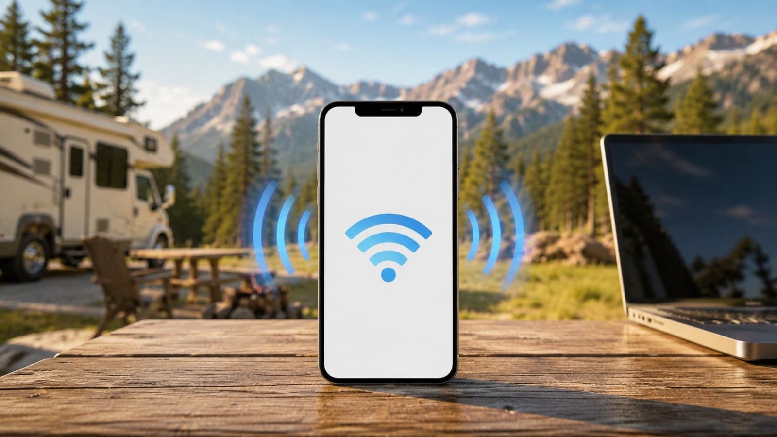 Phone hotspot backup for RV travelers using a smartphone and laptop at a campsite