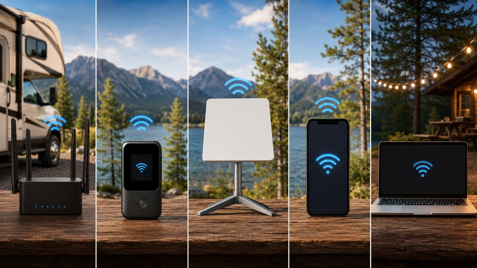 RV internet options comparison with cellular router, portable hotspot, satellite dish, phone hotspot and campground WiFi