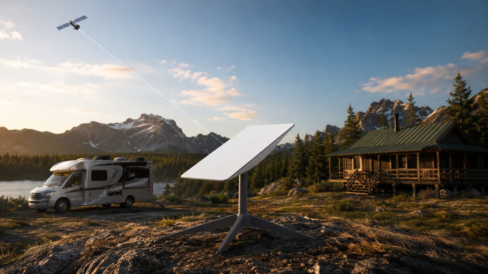 Satellite internet dish for remote RV camping, rural cabins and cellular dead zones