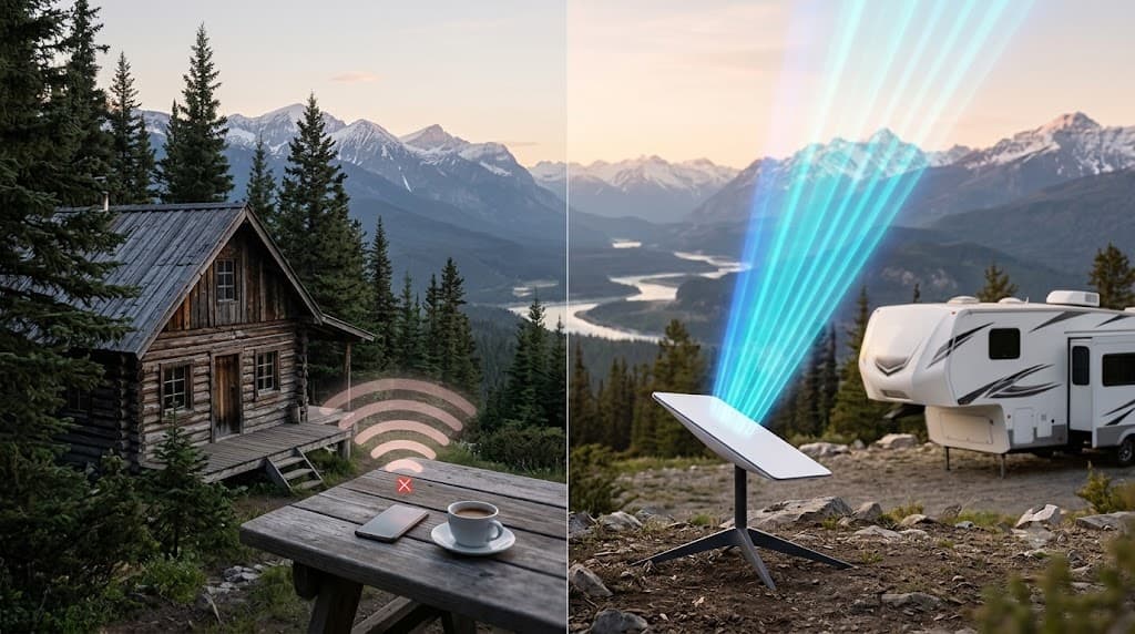 Remote cabin and RV satellite internet comparison scene