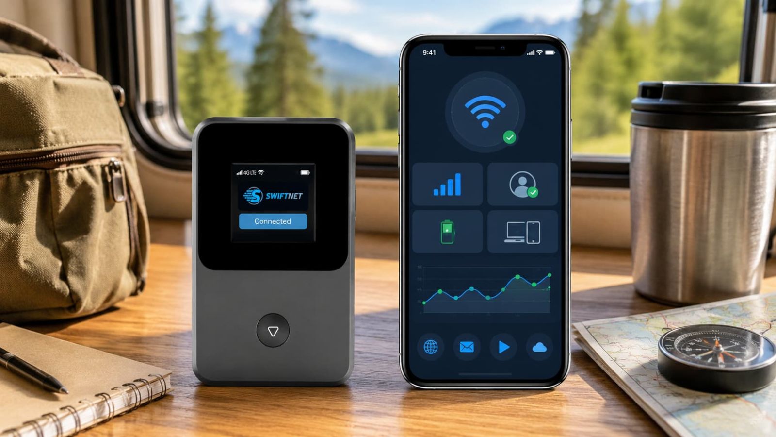SwiftNet 4G Bronze activation setup with portable hotspot, phone dashboard and travel backup internet checklist