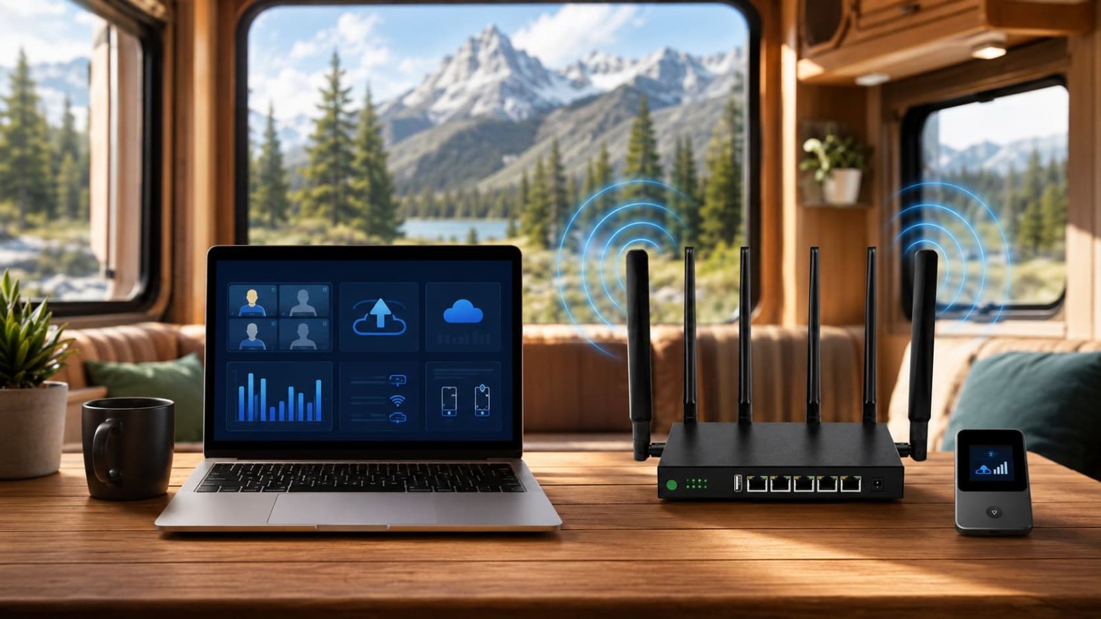 SwiftNet 5G Diamond remote work setup with front-facing cellular router laptop video calls uploads and coverage checks
