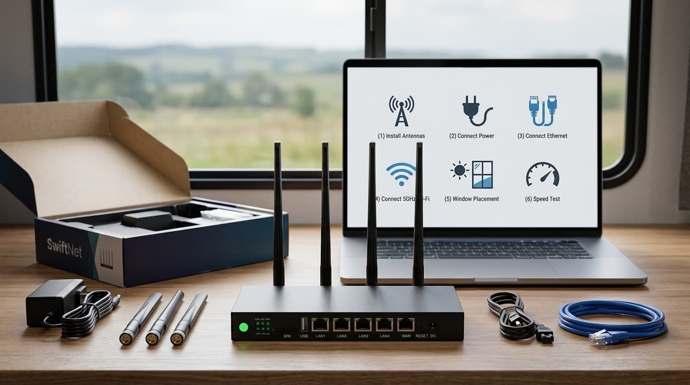 SwiftNet 5G Diamond router delivery setup image showing front-facing router, shipping box, antennas, power cable, Ethernet cable, window placement and first setup checklist