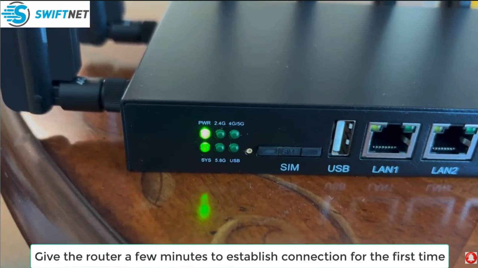 SwiftNet 5G Diamond router unboxing with router body, antennas, Ethernet cable and power adapter