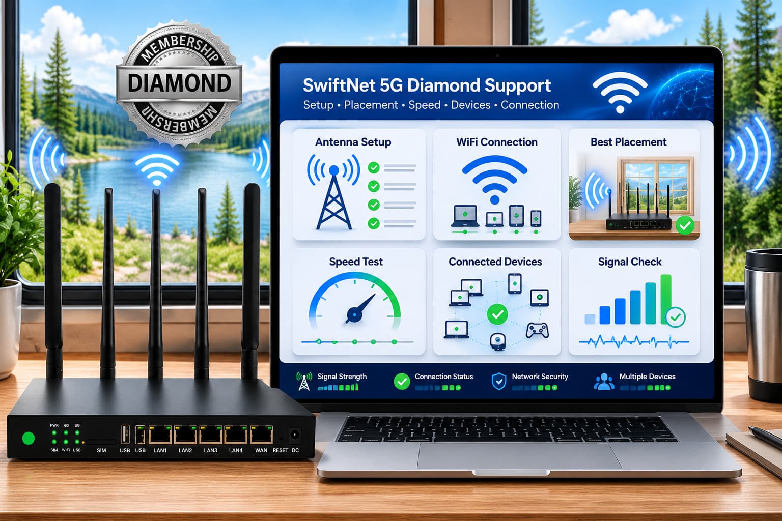 SwiftNet 5G Diamond support setup help image for antenna setup, 5GHz WiFi, router placement, speed tests, multiple devices and signal troubleshooting