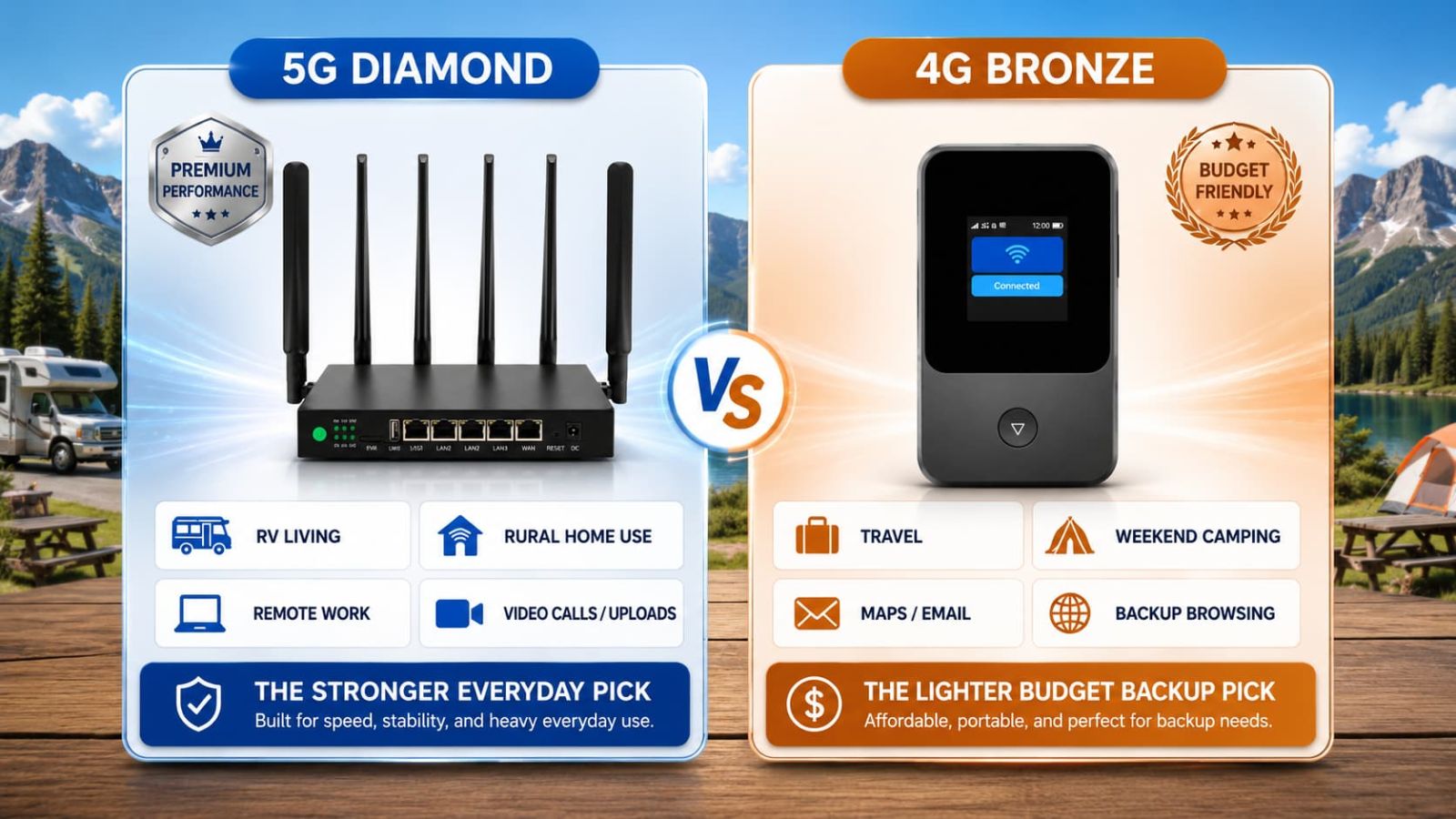 SwiftNet 5G Diamond vs 4G Bronze camping quick verdict comparison for RV park internet, weekend camping, remote work and backup browsing