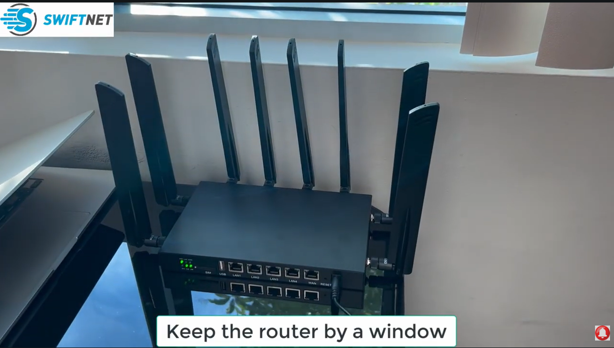 SwiftNet 5G Diamond router placed near a window for better cellular signal and speed testing