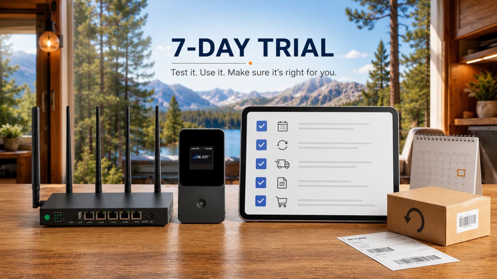 Active 7-day trial monitoring interface on a tablet screen next to a SwiftNet device on an RV table.