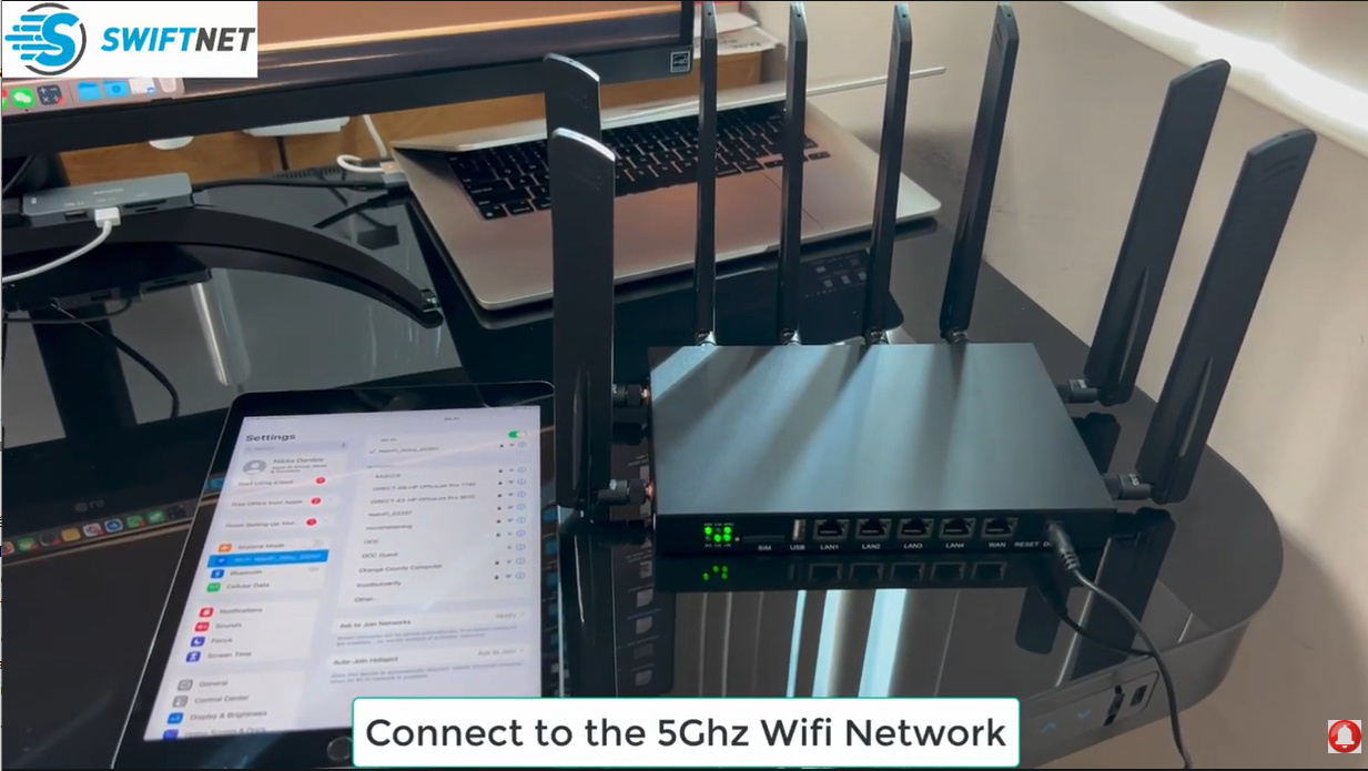 SwiftNet APN activation hero with 5G Diamond router, 4G Bronze hotspot, SIM setup, laptop dashboard and setup checklist