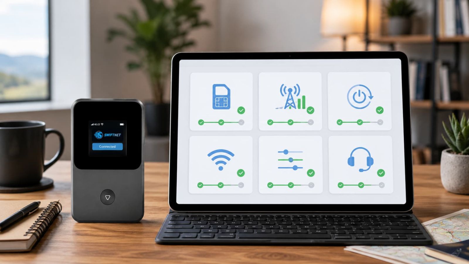 SwiftNet APN settings checklist with network profile, SIM provisioning, signal status and support troubleshooting icons