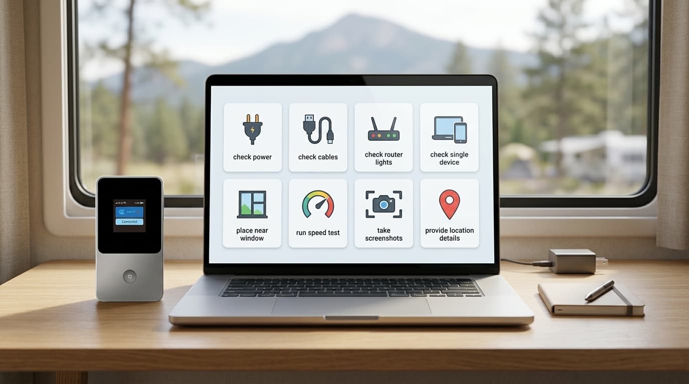 SwiftNet before contacting support checklist image for power, router lights, one-device test, placement, speed tests, screenshots and location details