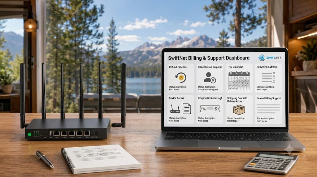 SwiftNet billing refund cancellation support image with ORION04 checkout, device terms, trial timing, recurring subtotal, return questions and support contact
