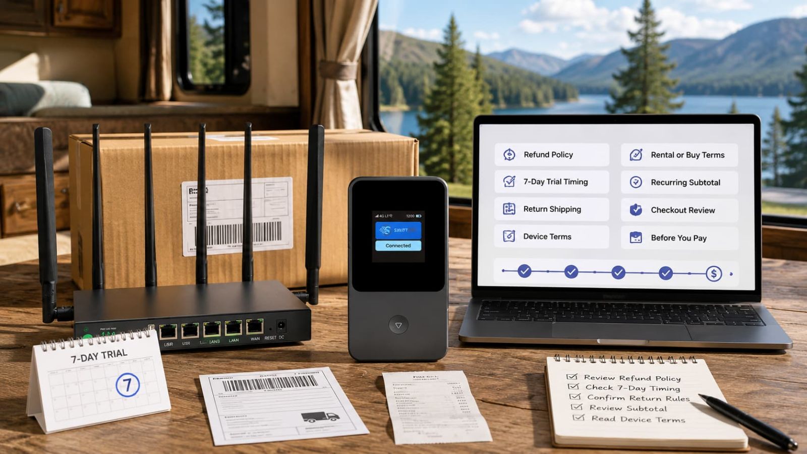 SwiftNet WiFi checkout subtotal device rental purchase and refund terms to check before paying