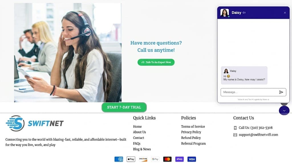 SwiftNet customer service contact options image showing phone support, email support and live chat for setup, billing, refund and cancellation questions