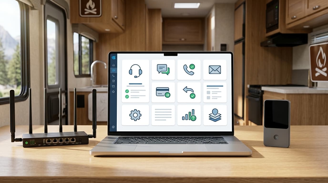 SwiftNet customer service hero for coverage vs support with router, hotspot, laptop support dashboard, setup help, speed issues and refund questions for RV rural internet buyers