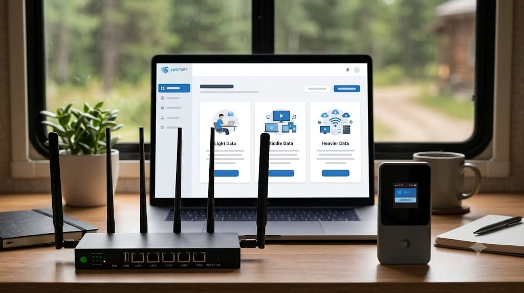SwiftNet data limits hero image showing 100GB, 200GB and Unlimited data plan dashboard with 5G Diamond router, 4G Bronze hotspot and RV rural setup