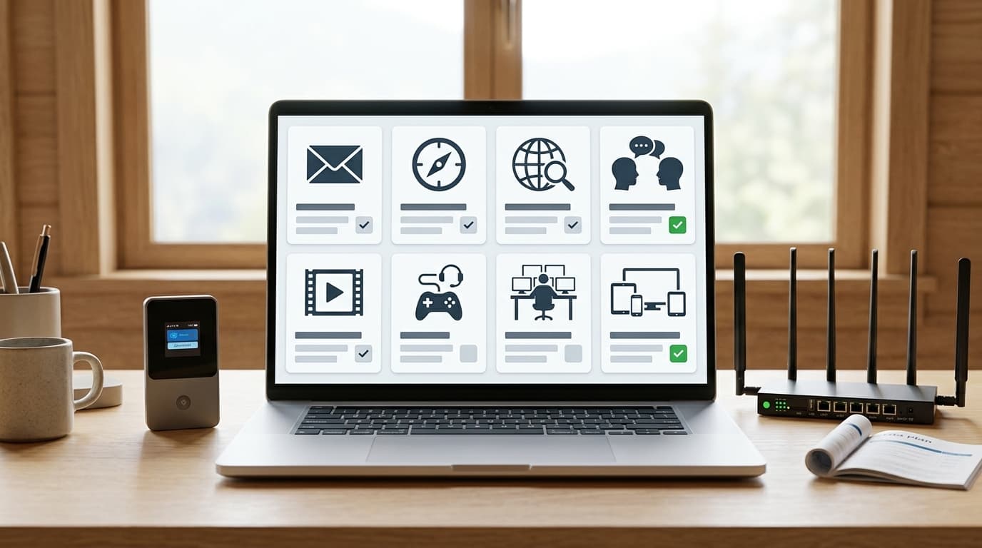 SwiftNet data use by activity image for email, maps, browsing, video calls, streaming, gaming, remote work and multiple devices