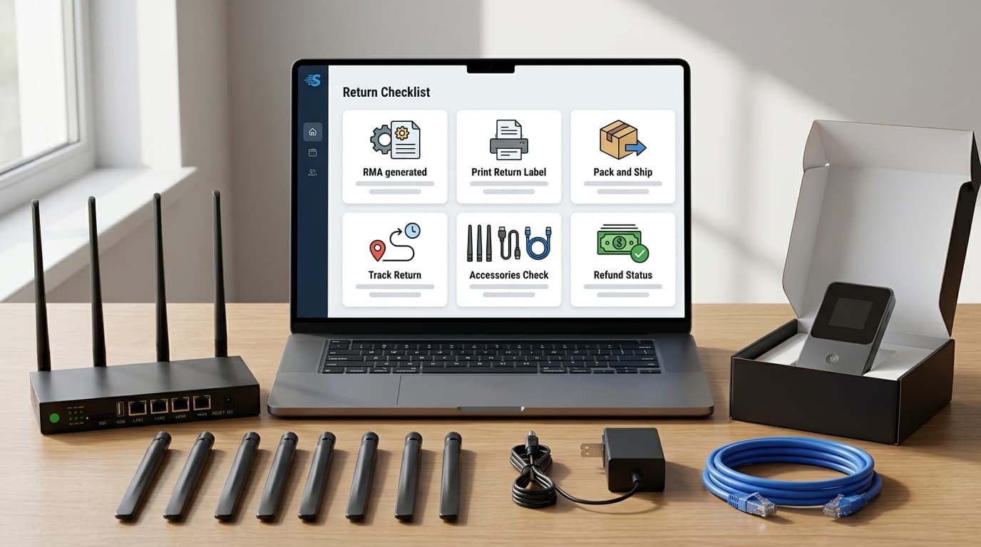 SwiftNet device return checklist image showing router, hotspot, antennas, power cable, Ethernet cable, RMA, return label, tracking number and equipment return items