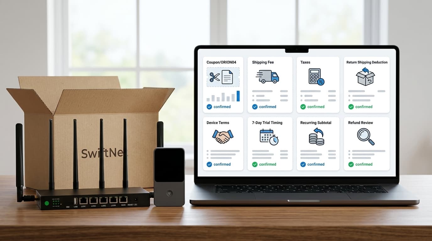 SwiftNet price shipping and recurring subtotal image showing ORION04, shipping fees, return shipping deduction, device terms, 7-day trial timing, refund rules and checkout checklist