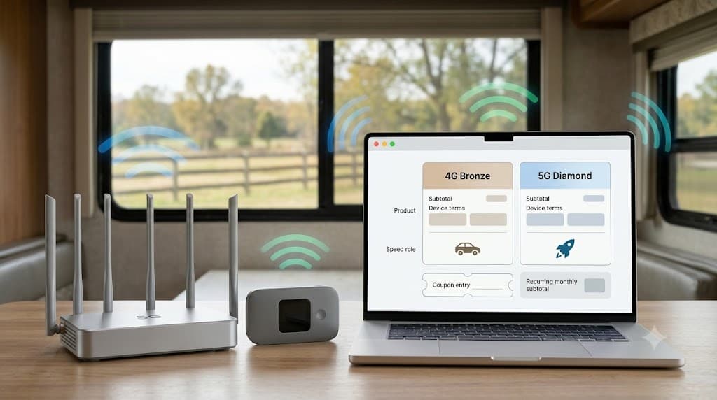 SwiftNet price versus speed checkout guide with ORION04 4G Bronze 5G Diamond device terms and recurring subtotal