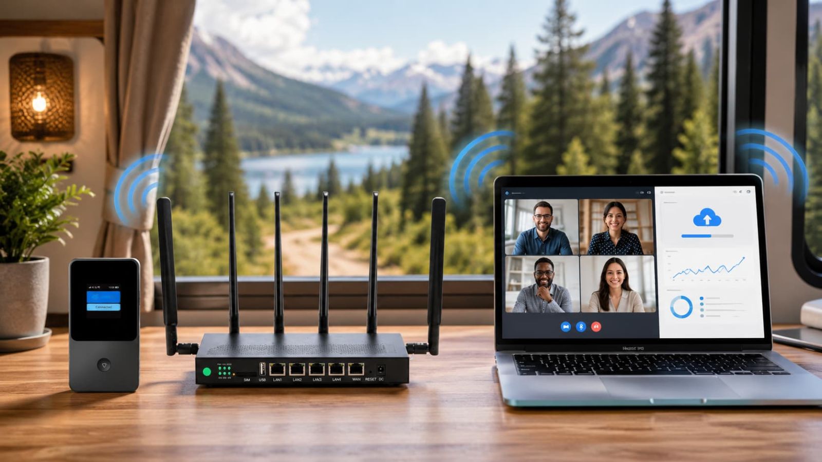 SwiftNet WiFi remote work setup with 5G Diamond router, 4G Bronze hotspot, laptop video call and RV cabin workspace