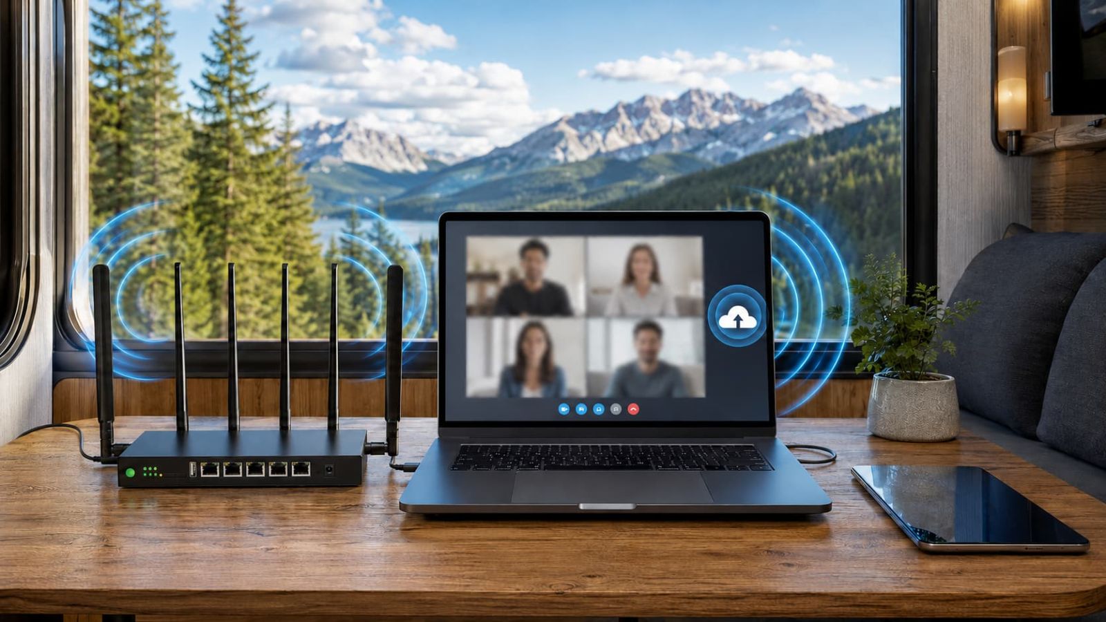 SwiftNet remote work video call test with 5G router, laptop, upload icon and multiple connected devices in RV cabin