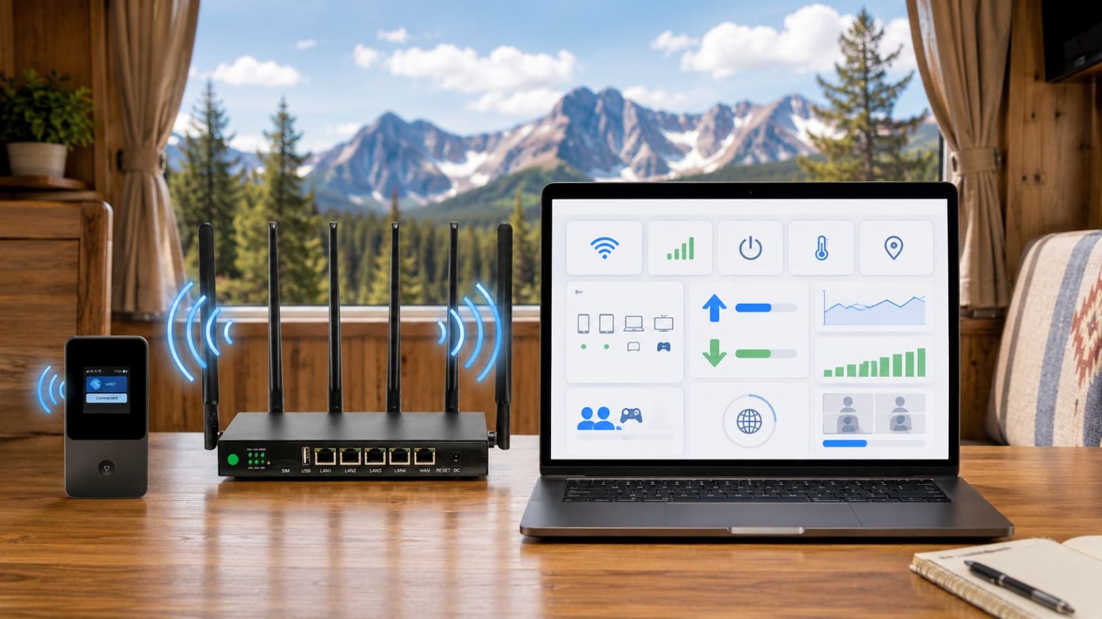 SwiftNet router problem type check showing WiFi signal cellular carrier power device load and placement troubleshooting dashboard